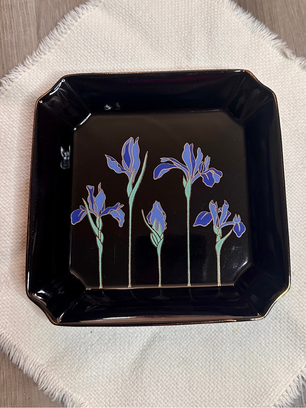 Vintage Otagiri Blue Iris Square Plate Black Gold Japan
